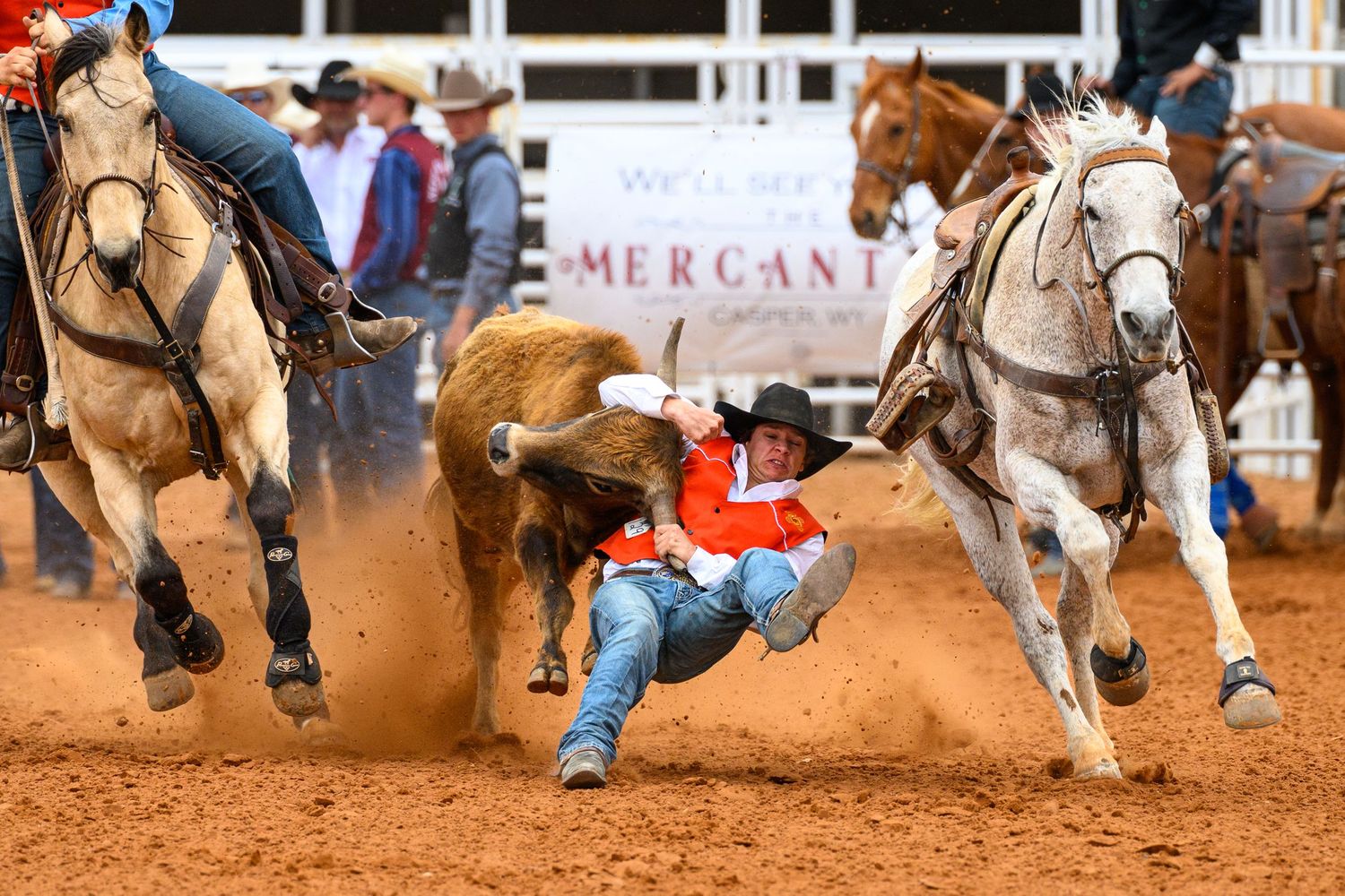 Cowboy in red shirt performs steer wrestling at a rodeo, sliding off horse to tackle steer on red dirt arena.