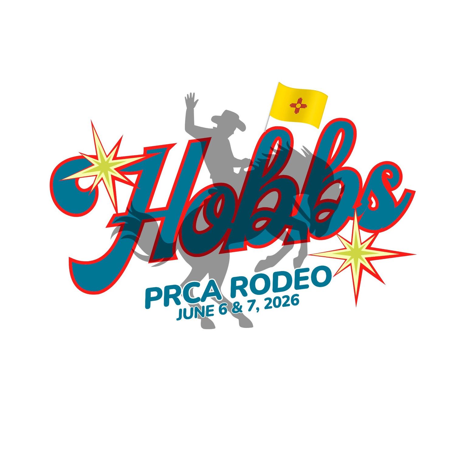 Hobbs PRCA Rodeo logo featuring a cowboy silhouette, New Mexico flag, and star bursts for June 6 & 7, 2026.