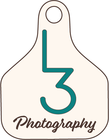 A simple photography logo design featuring a stylized 'L3' mark in teal on a white tag-shaped background.