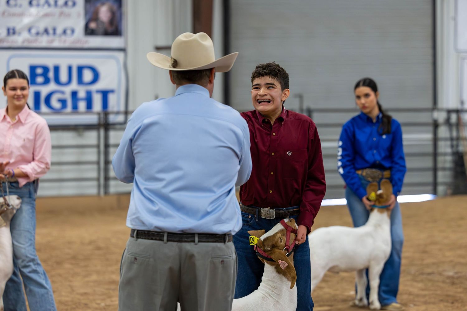 People interact with livestock judge at an indoor arena with a Bud Light sign visible in the background.