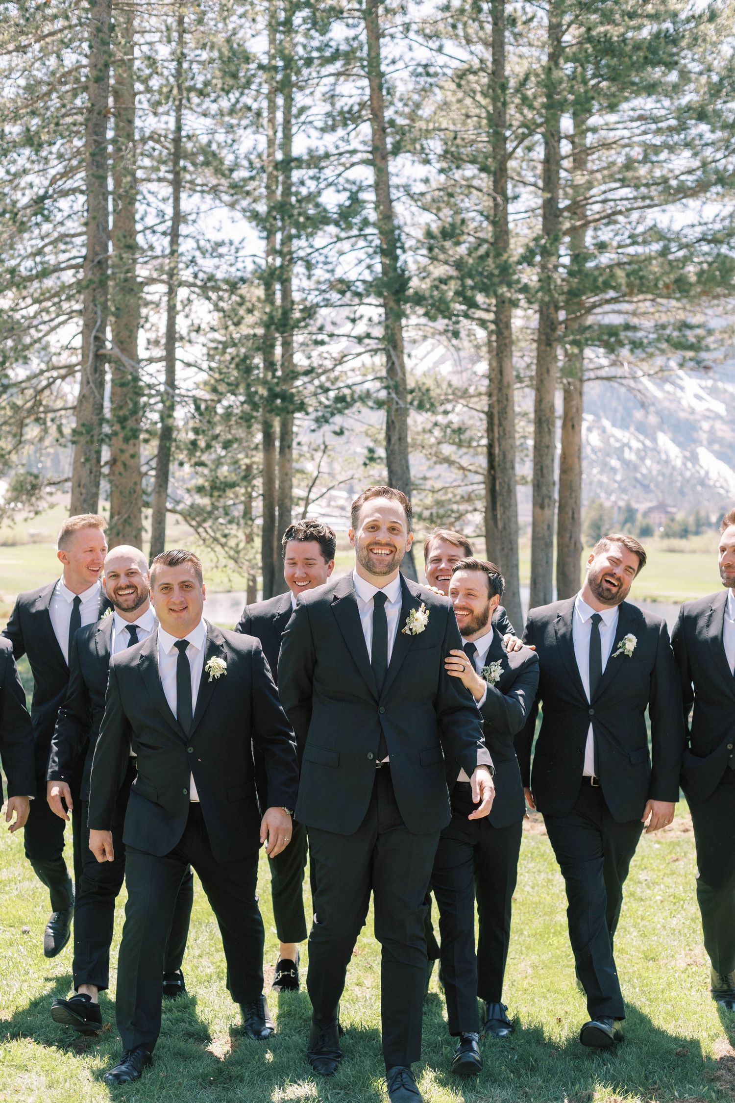 Groomsmen in dark suits pose casually in front of tall pine trees.