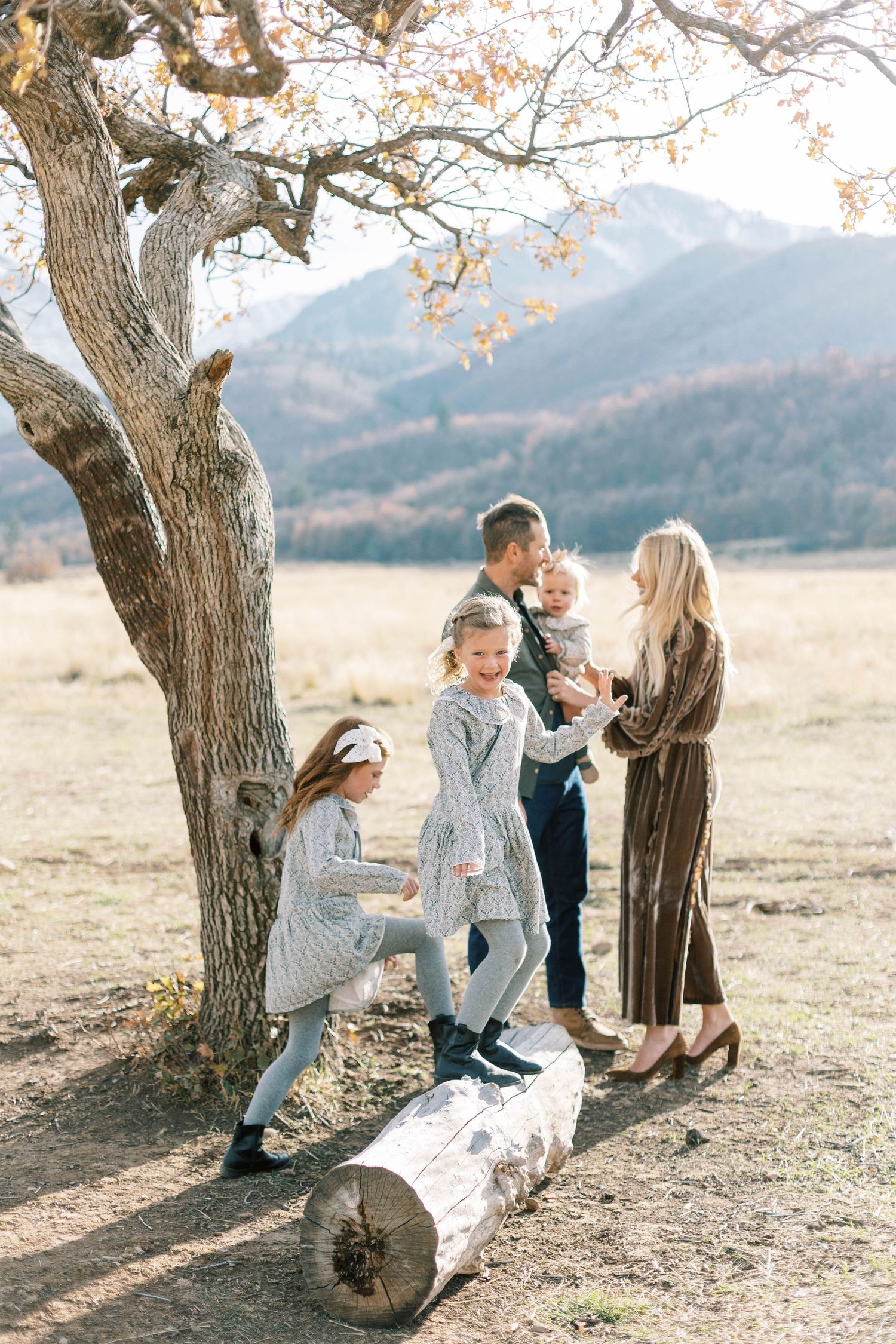 Family gathering under large tree in mountain meadow with dramatic landscape in background.