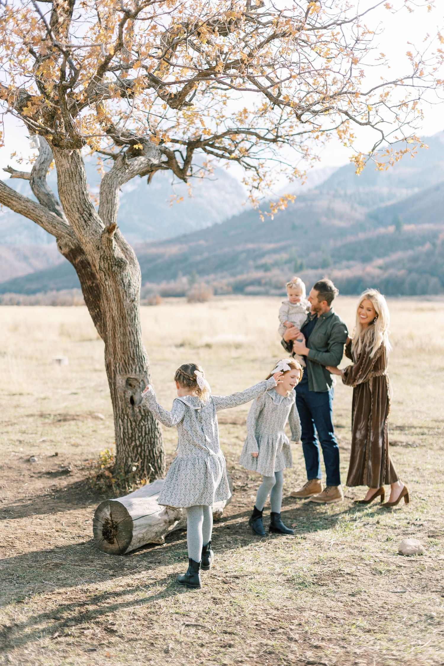 Family enjoying outdoor autumn photoshoot under gnarled tree with mountains in background.