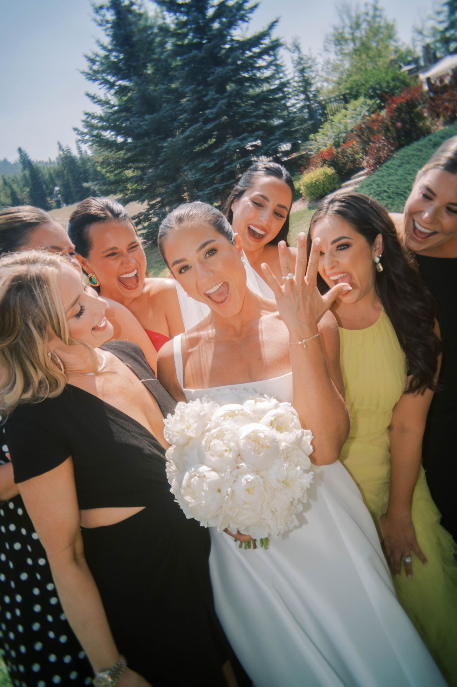 A candid wedding party photo sequence shows joyful laughter and celebration in an outdoor garden setting.