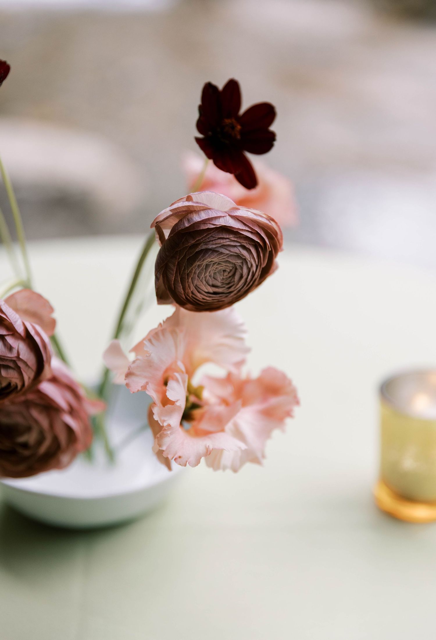Pink tulip flowers and chocolate truffles arranged in an elegant composition on a soft, blurred background.