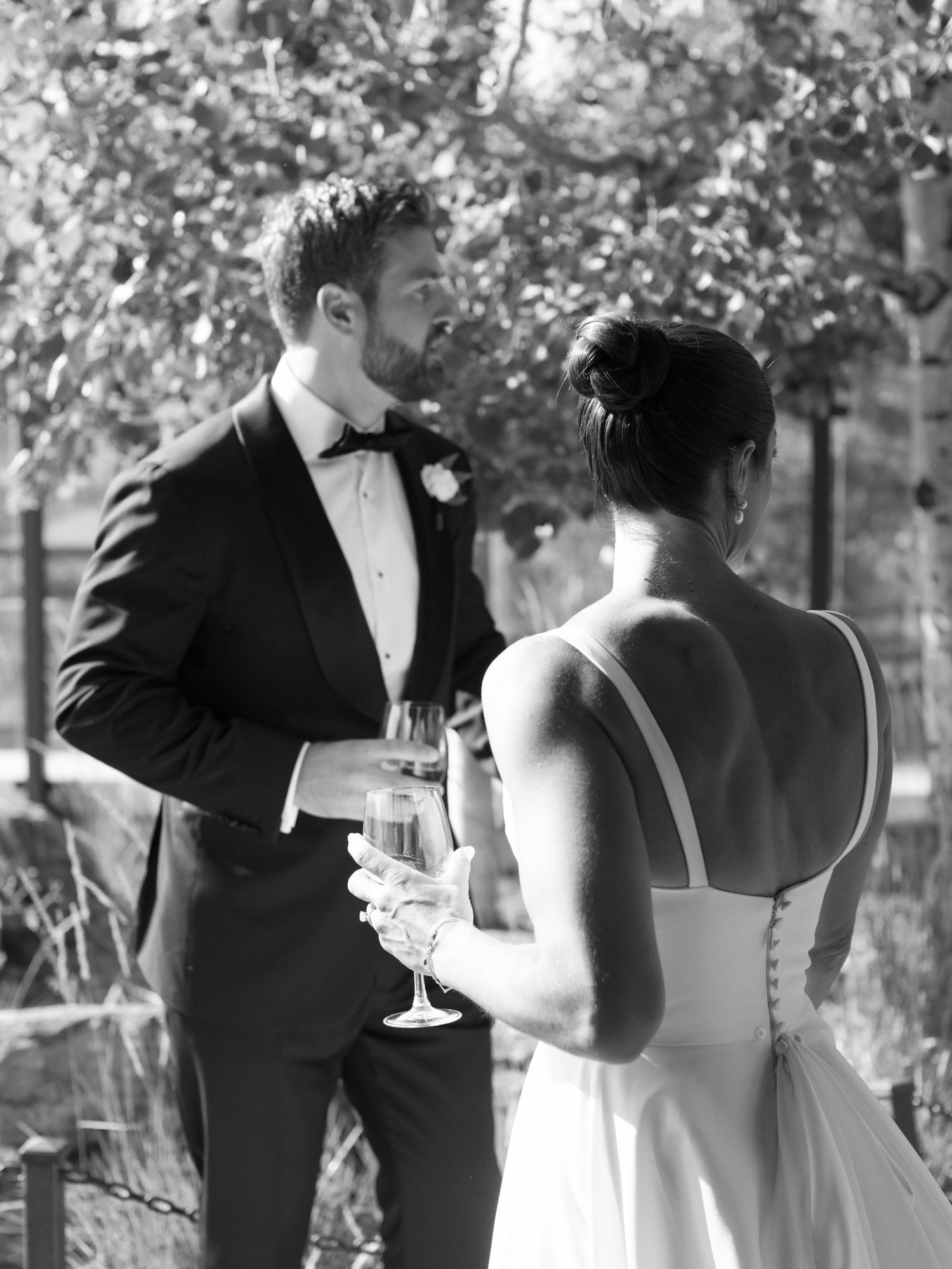 Wedding party members in formal attire toast with champagne glasses during an outdoor celebration.