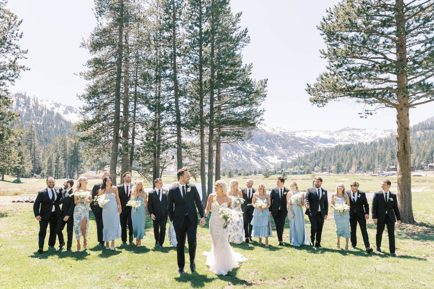 Wedding party lined up outdoors with mountain backdrop and tall pine trees.