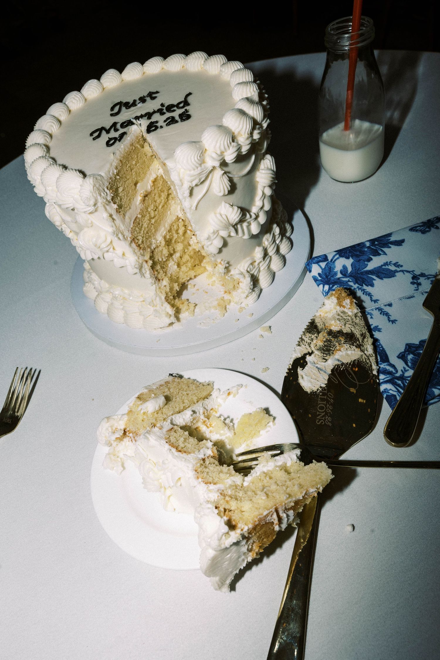 A progression showing a white wedding cake being cut and served on plates at a reception.