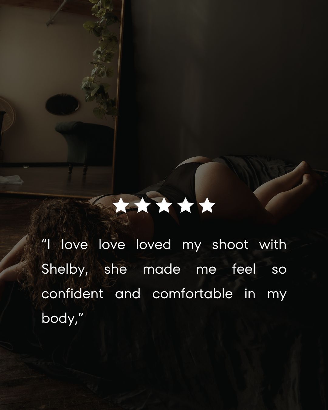 5 Star review for Inclusive boudoir photography session in Grand Rapids featuring a confident woman in a body-positive studio environment