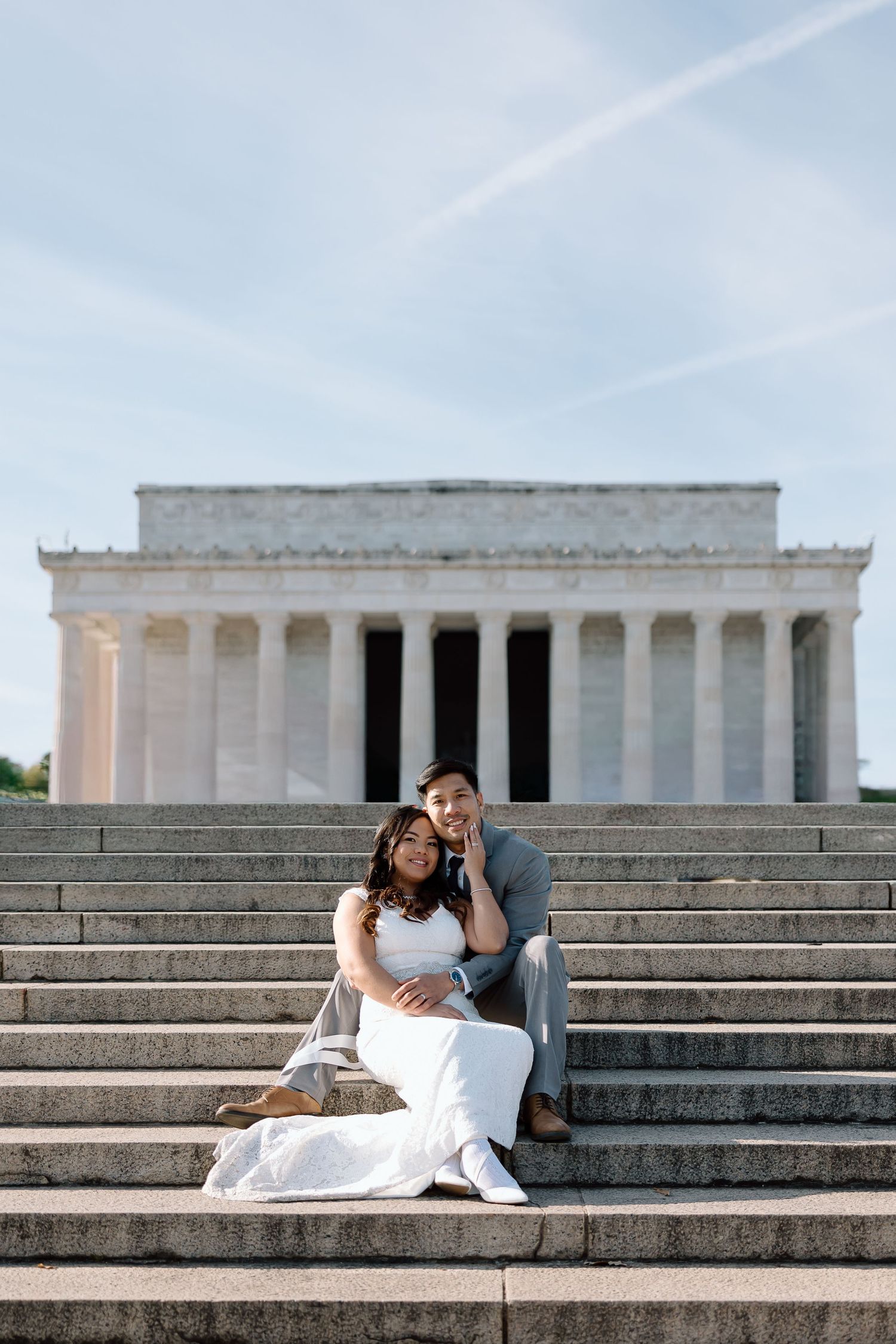 True-to-color editorial elopement portraits at the steps of the Lincoln Memorial in Washington, DC.