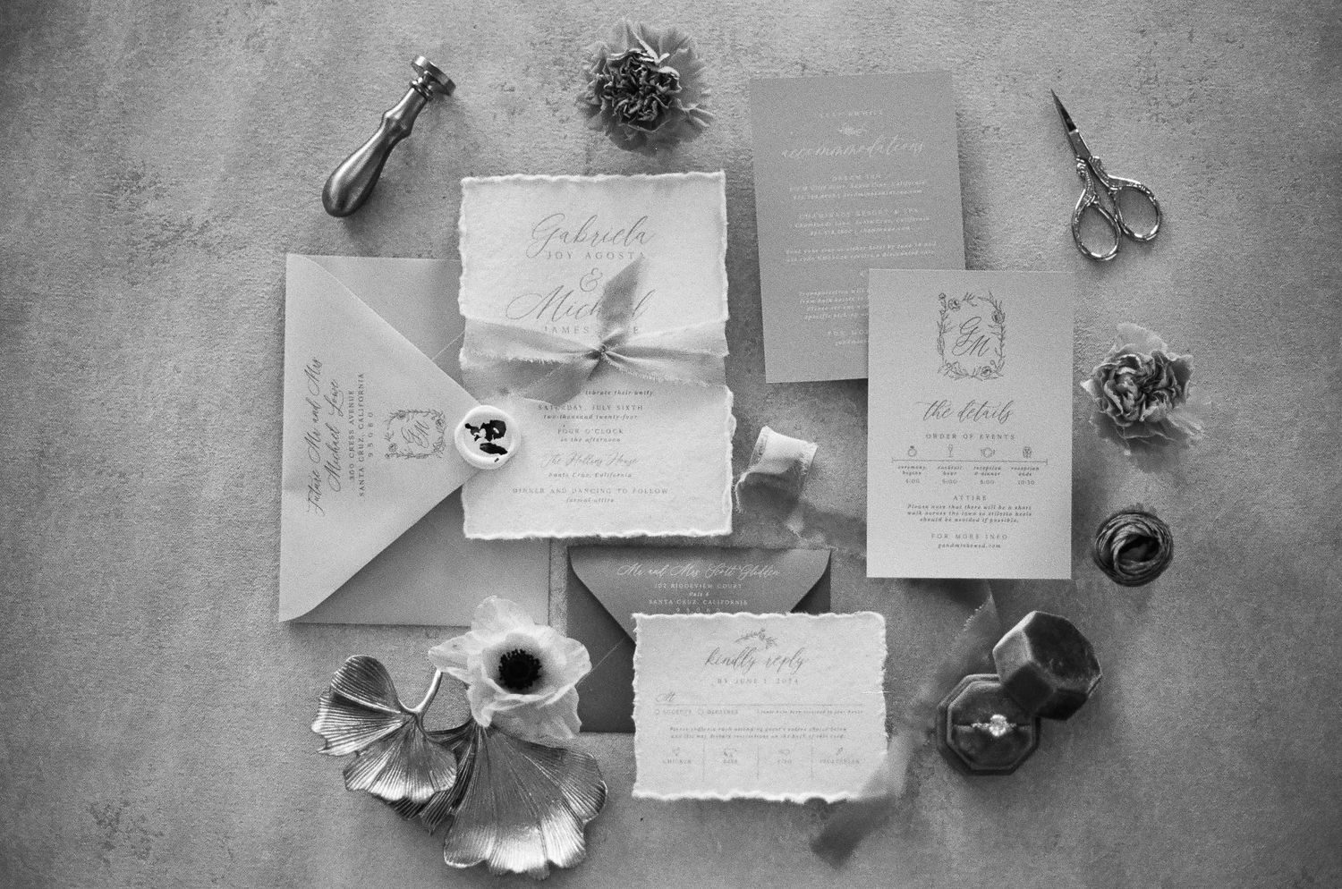 Flat lay of bridal details captured on 35mm film for an editorial, vintage look