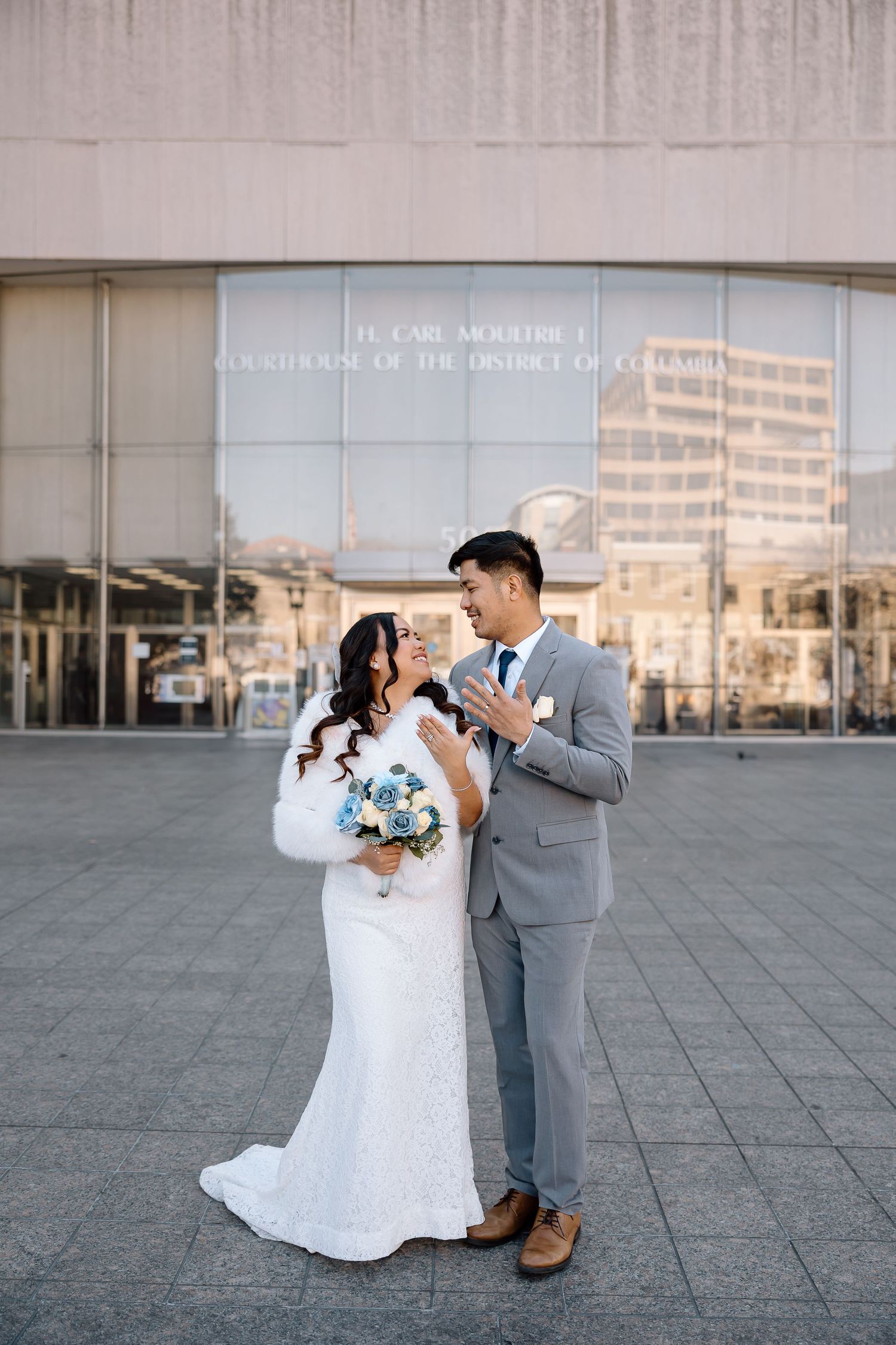Elopement photos featuring the Reflecting Pool and Washington Monument in soft morning light