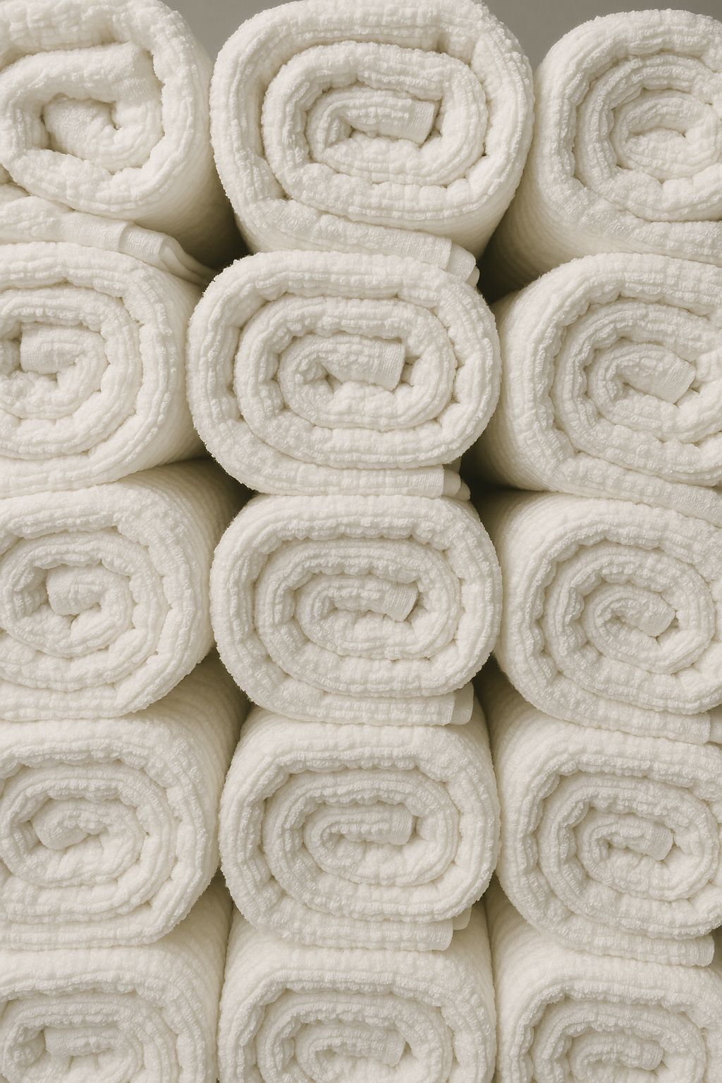 Rows of neatly rolled white waffle-knit towels stacked in a grid pattern.
