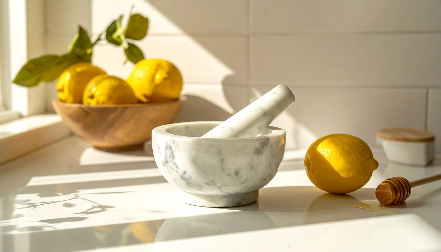 Marble mortar and pestle beside fresh lemons and wooden honey dipper on a sunlit white kitchen counter.