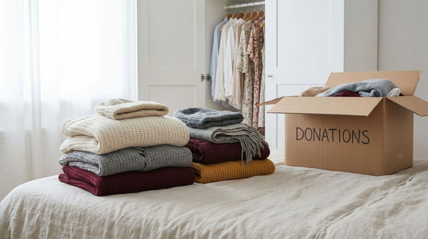 Neatly folded clothes stacked beside a cardboard donations box on a white bed.
