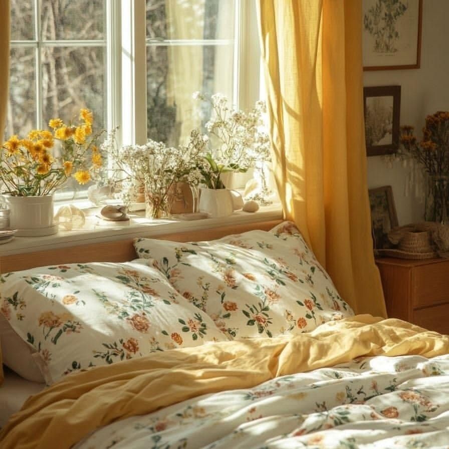 Bright bedroom featuring floral pillows, yellow curtains, and flower vases on a sunny window ledge.