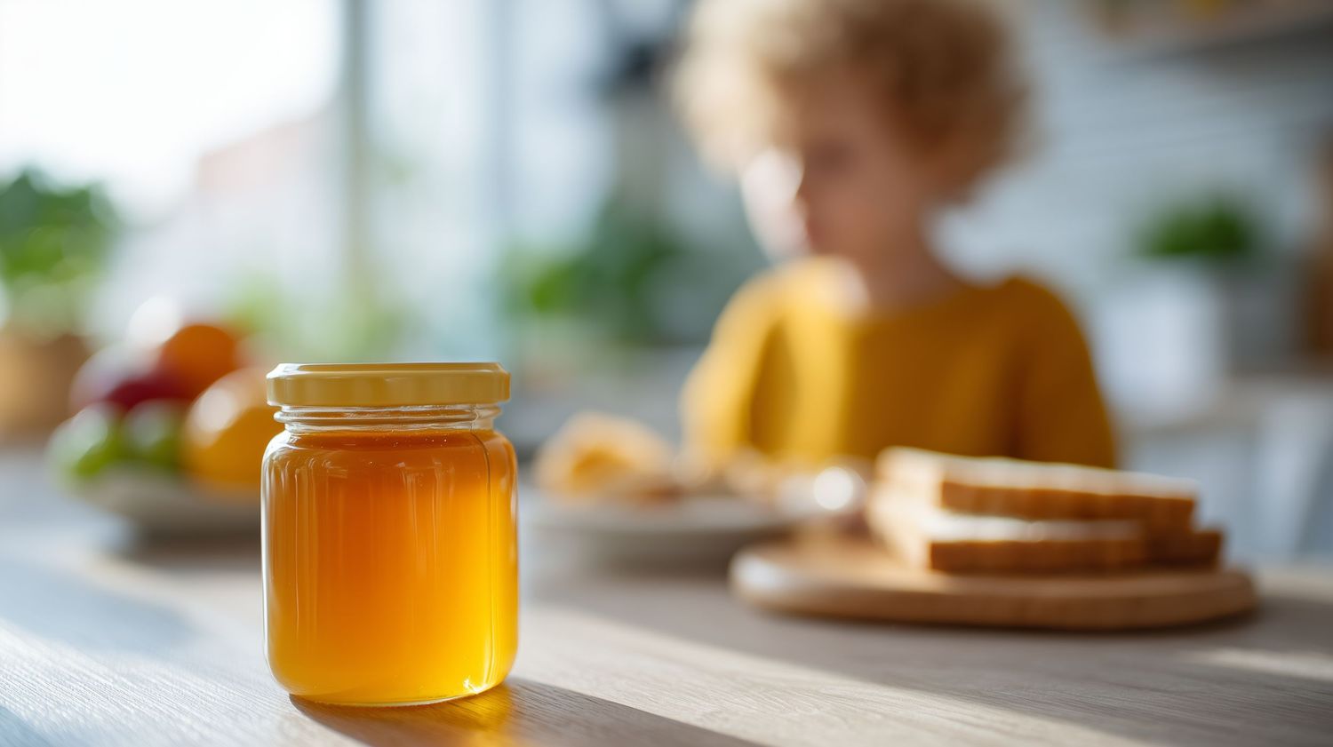 A jar of golden honey on a kitchen counter with a blond child and toast in the soft-focus background.