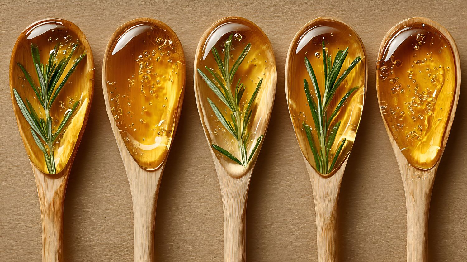 Five wooden spoons filled with golden honey and fresh rosemary sprigs on tan background.