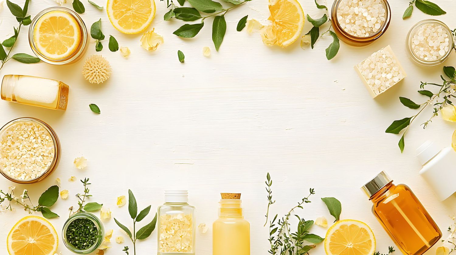 Flat lay of natural skincare products with lemons, green leaves, oils, and serums on a white wooden background.