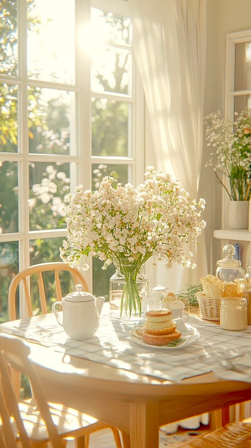 Sunlit dining table with white flowers, teapot, and pastries near a bright garden window.