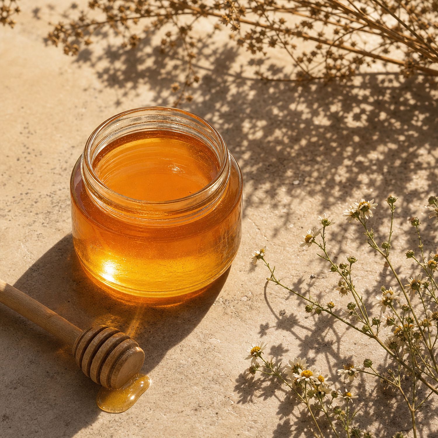 Open jar of golden honey with wooden dipper on sandy surface surrounded by delicate wildflowers.