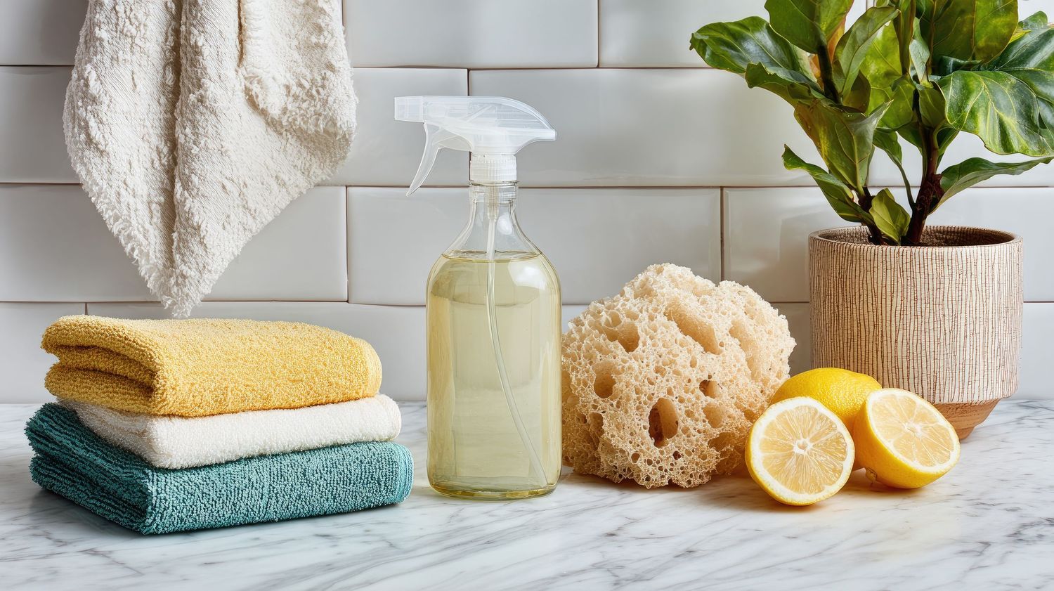 Natural cleaning supplies including spray bottle, folded towels, sponge, and lemons on marble.