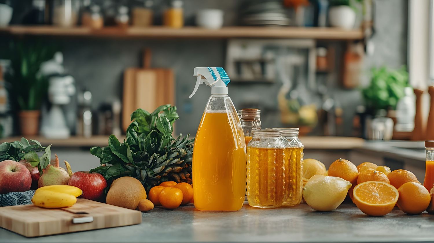 Natural homemade cleaning spray bottle with fresh fruits and honey on kitchen counter.