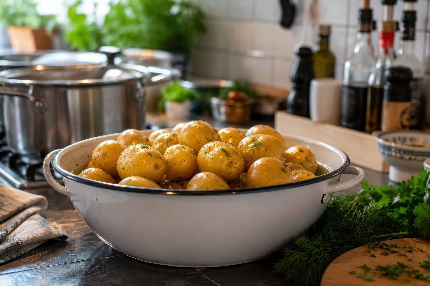 Bowl of boiled baby potatoes on a kitchen counter with herbs and cooking pots nearby.
