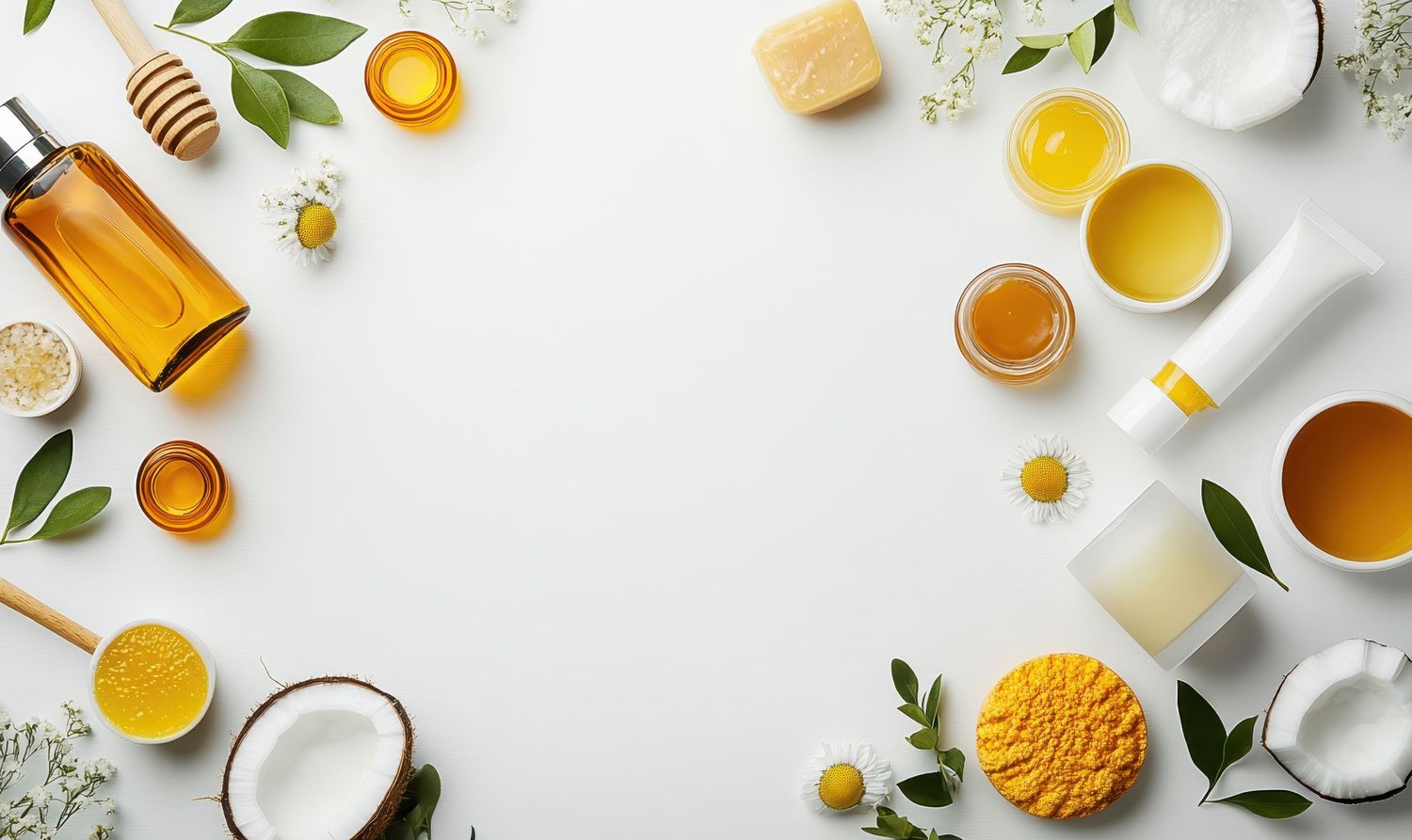 Flat lay of natural skincare products with honey, coconut, and botanical ingredients on a white background.