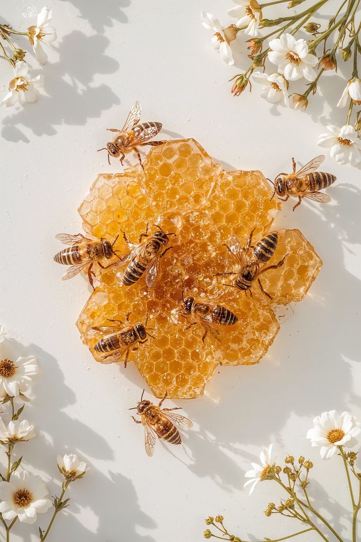 Honeybees on golden honeycomb surrounded by white wildflowers on white background.