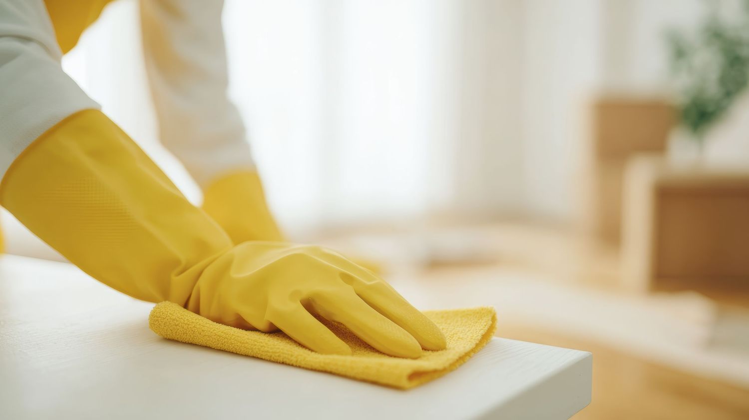 Hands wearing yellow rubber gloves wiping a white surface with a yellow cloth for household cleaning.