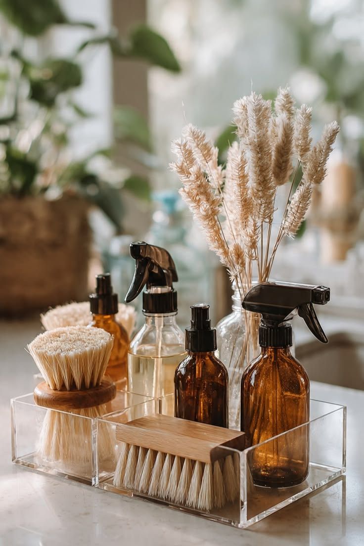 Eco-friendly cleaning supplies in acrylic tray with amber bottles and natural brushes.