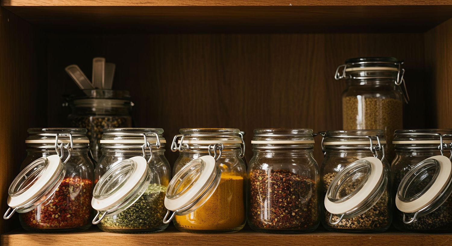 Glass jars filled with colorful spices and herbs arranged on a wooden shelf.