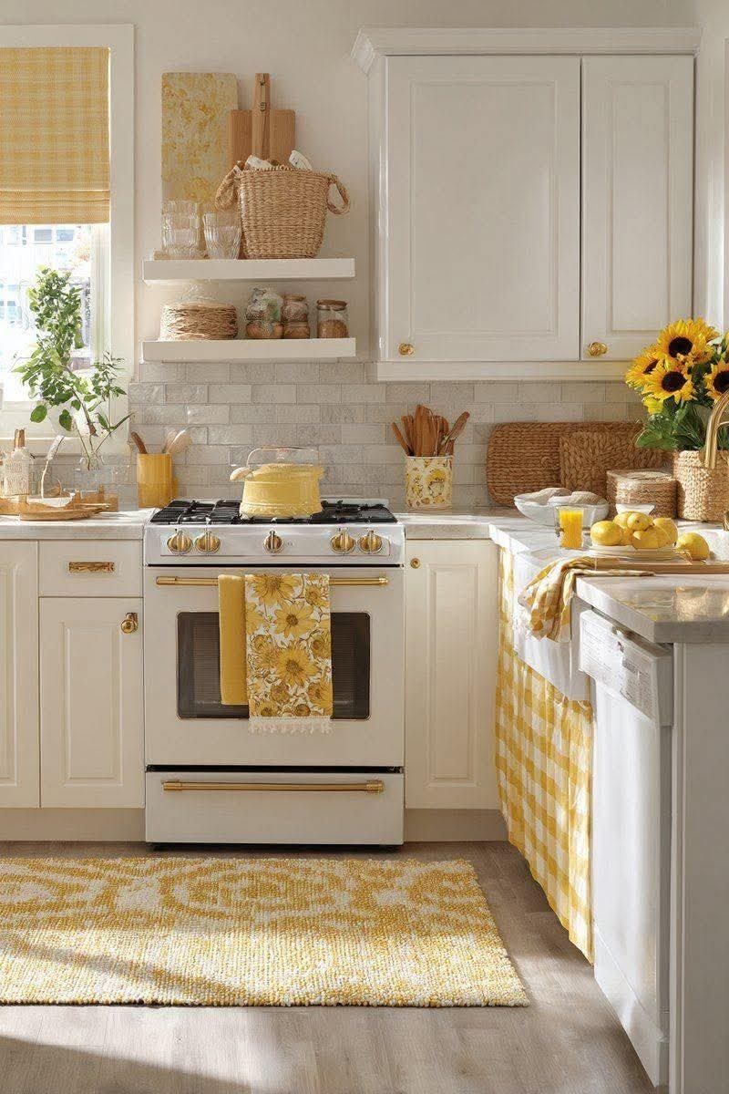A cozy white kitchen with yellow accents, sunflowers, and a vintage-style gas stove.