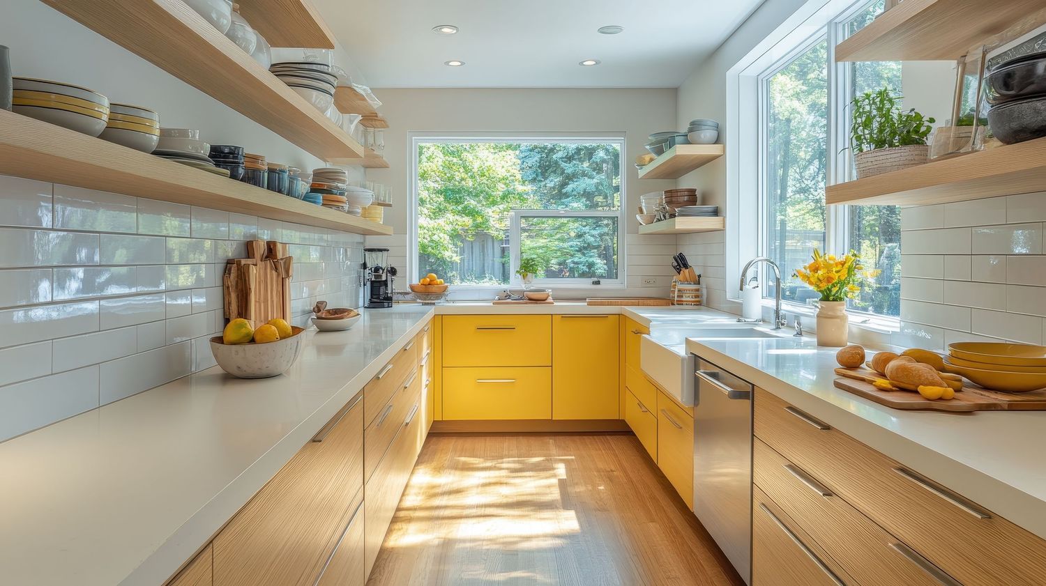 Bright modern kitchen with yellow cabinets, white countertops, open shelving, and large window.