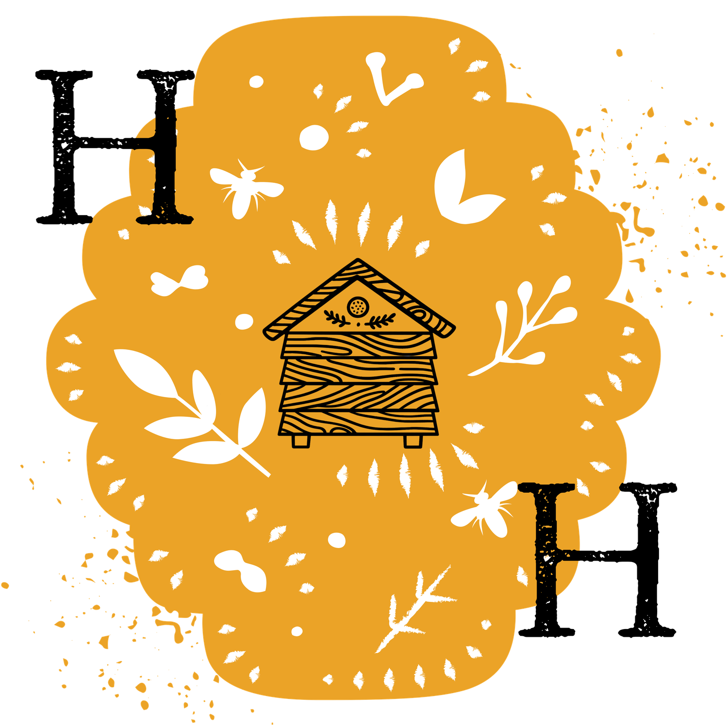 Golden beehive illustration with bees, botanical elements, and decorative H letters on white background.