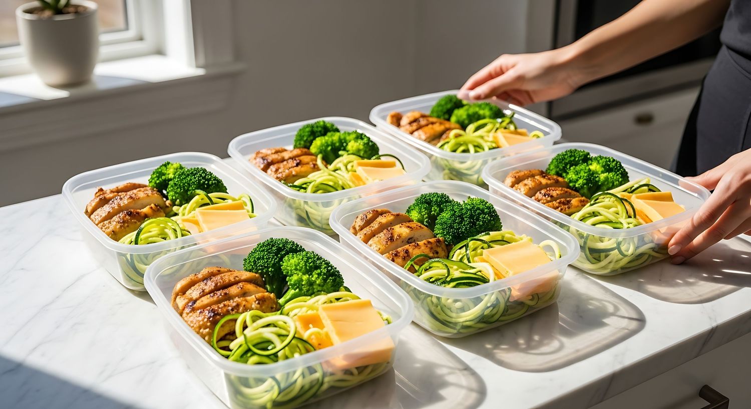 Six meal prep containers with grilled chicken, broccoli, and zucchini noodles on a white counter.