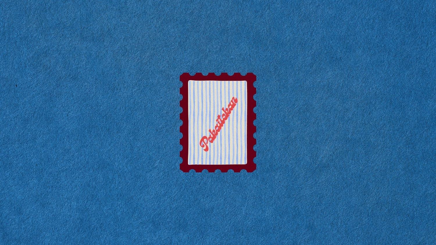 A postage stamp with red borders on blue fabric background, featuring vertical stripes and red cursive text reading Greetings.