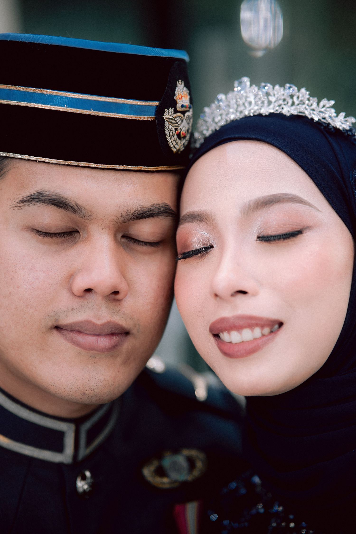 Intimate series of wedding photos showing tender nose-touching moments between couple in traditional military attire.