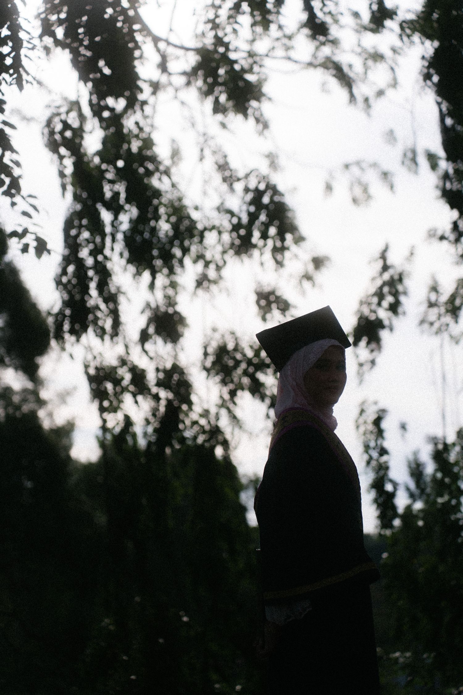 A silhouetted figure stands among trees at dusk creating a moody, atmospheric scene.