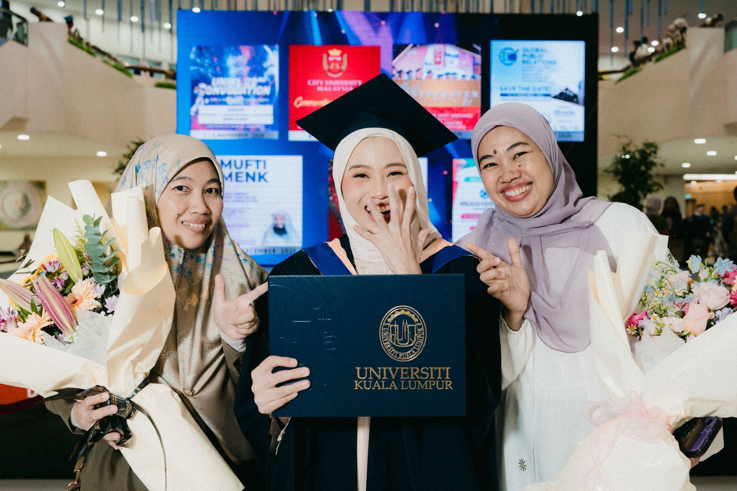 A collage of graduation celebration photos showing academic achievements and special moments at a university ceremony.