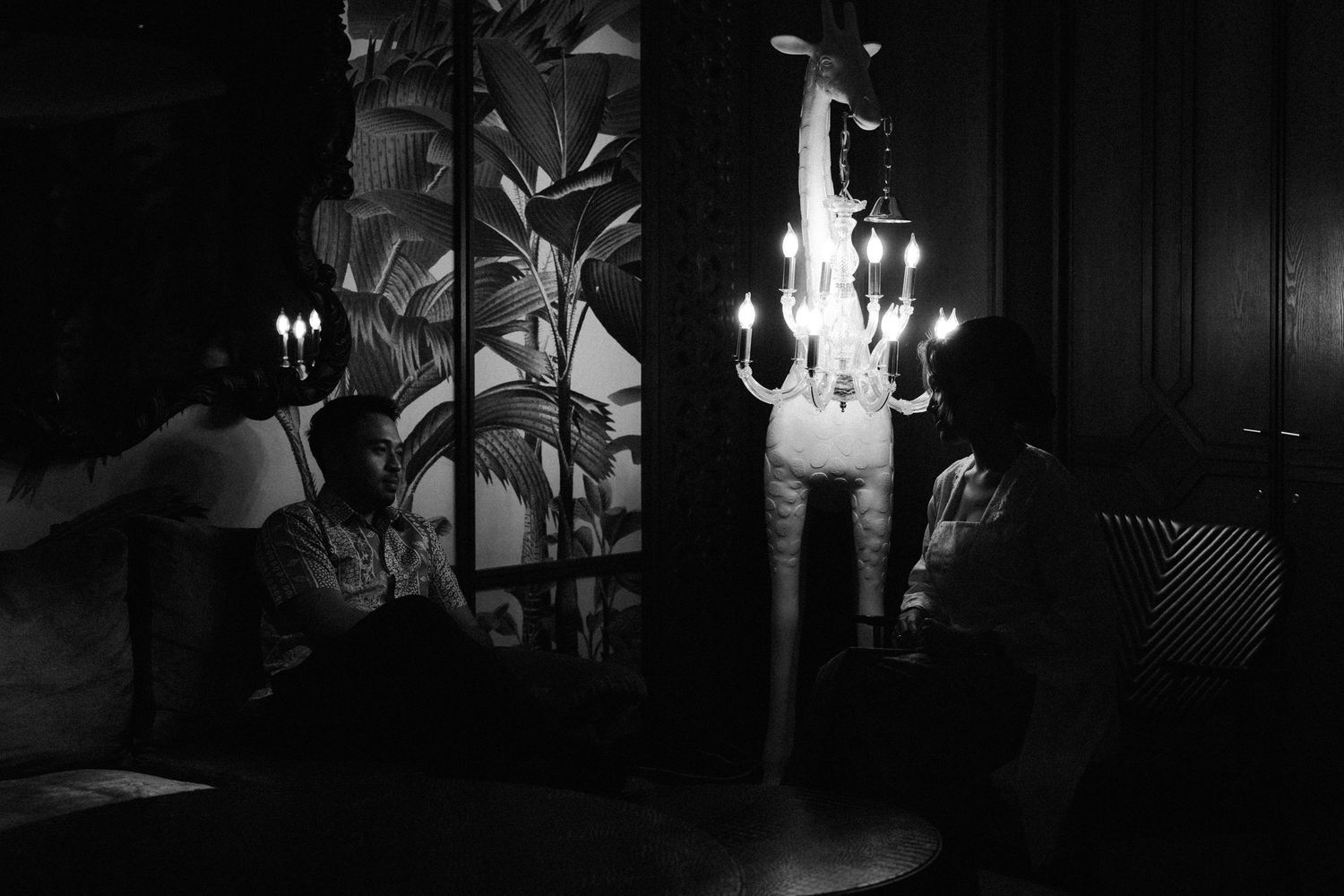 A dramatic black and white interior scene with a glowing chandelier illuminating a dark room with plant silhouettes.