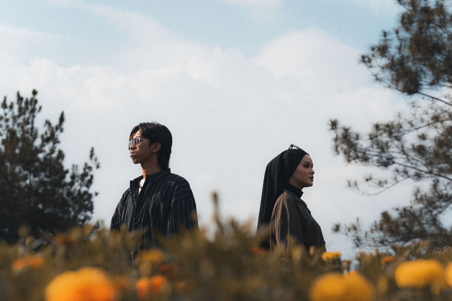 Two figures standing among yellow flowers with pine trees in the background.