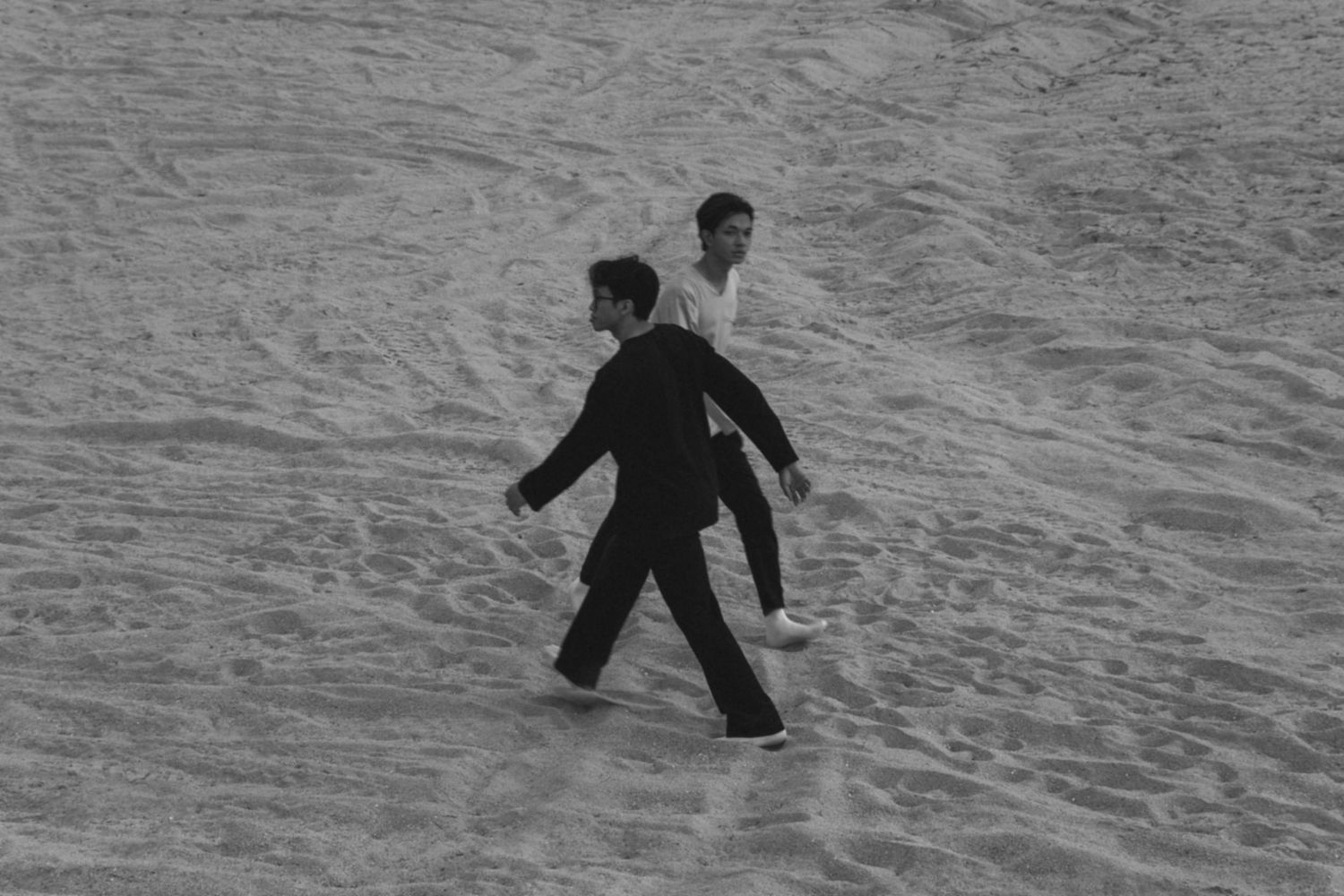 Black and white image of two figures walking across a textured surface.