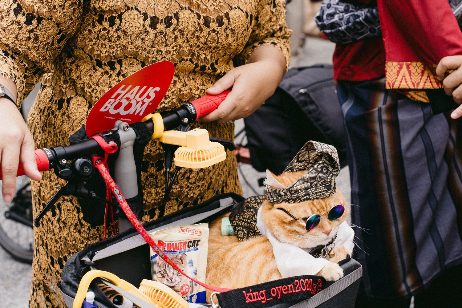 Close-up of hands holding red bike handlebars with decorative accessories.