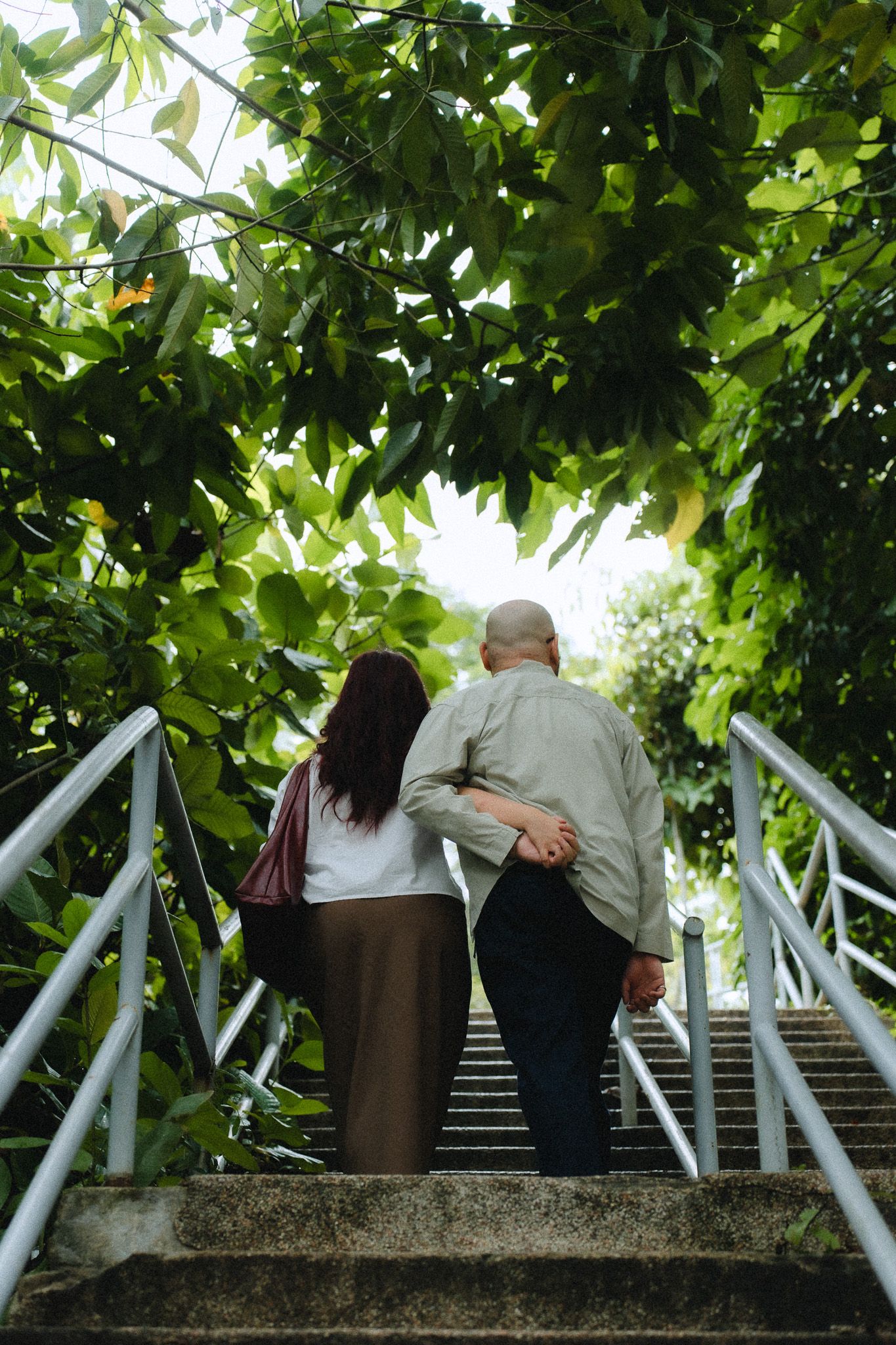 Elderly couple walking up outdoor stairs surrounded by lush green trees, viewed from behind.