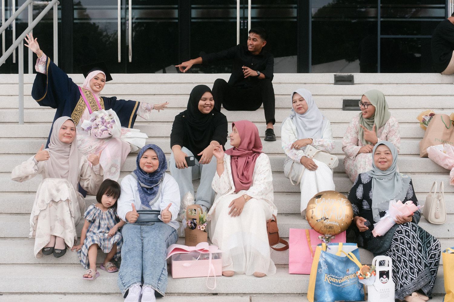 A collage of social media style photos showing people in hijabs and modest fashion posing together in various settings.