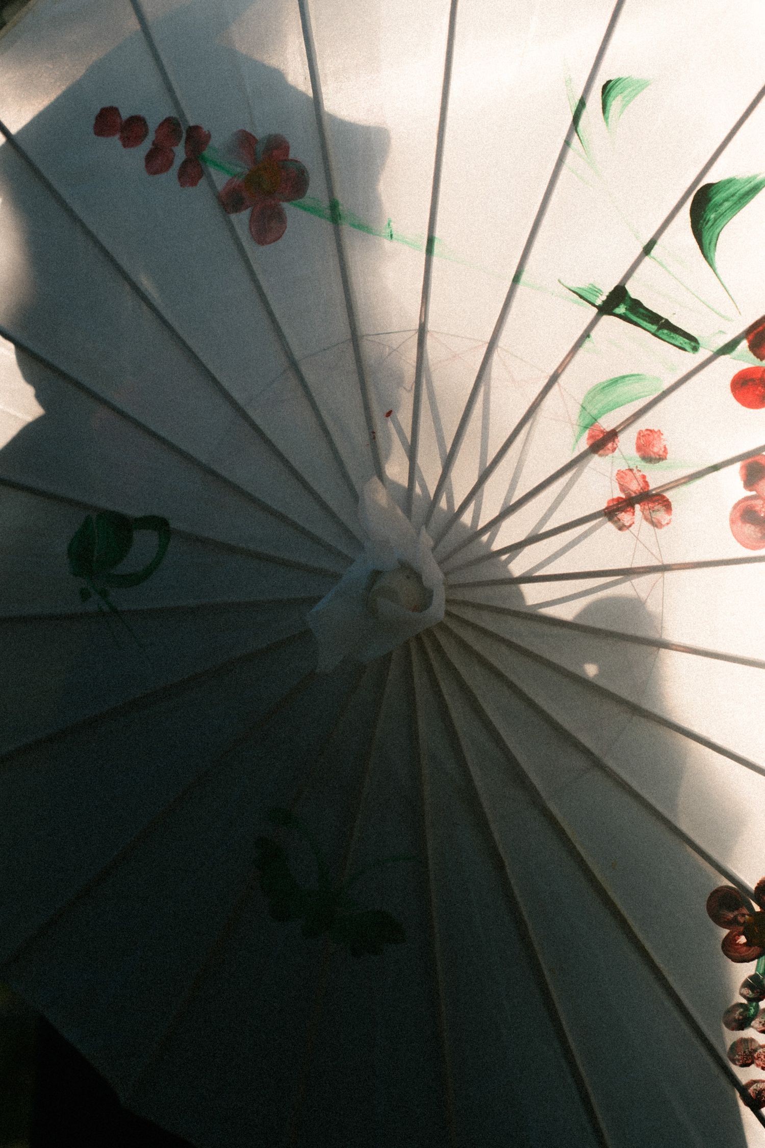 Artistic close-up view of a white umbrella with floral pattern details against a dark background.