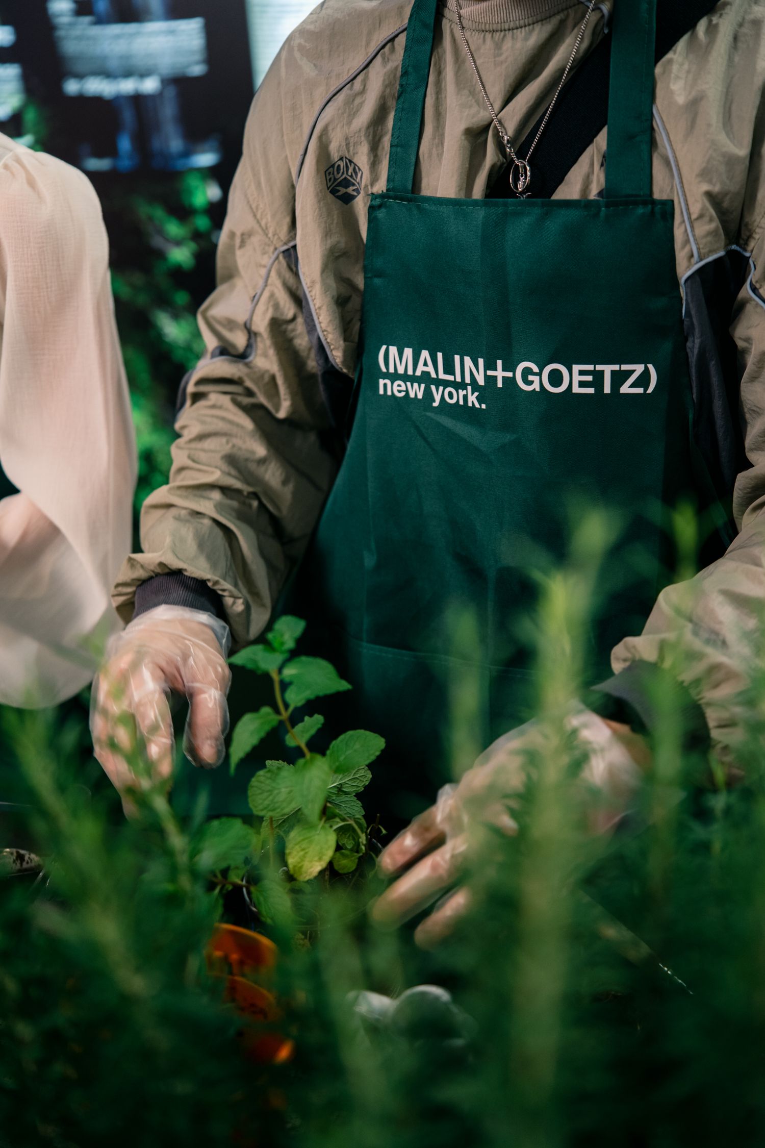 Person wearing green Malin+Goetz apron tending to plants in retail setting.