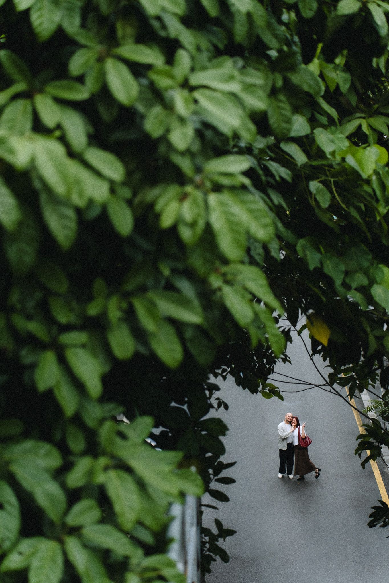 Aerial view of couple walking on path surrounded by lush green tropical foliage and leaves.